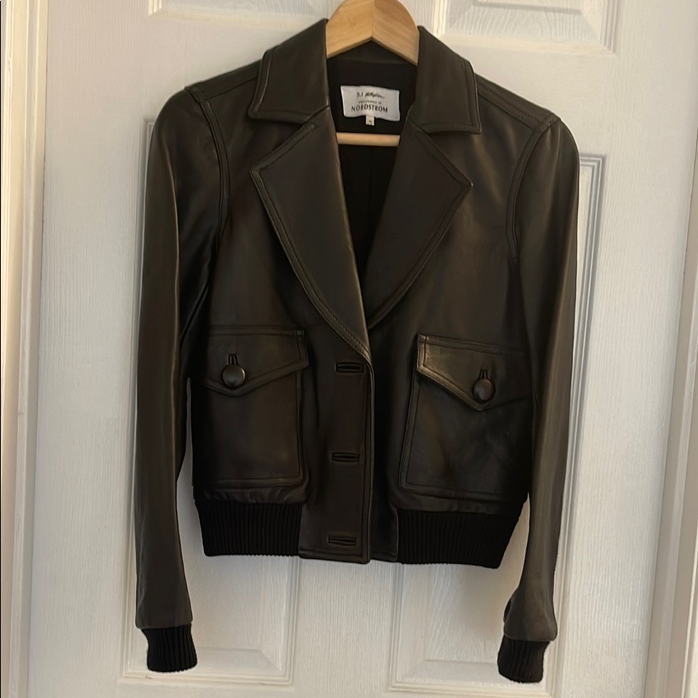 3.1 Phillip Lim Black Leather Jacket with Cropped Design and Fitted Silhouette